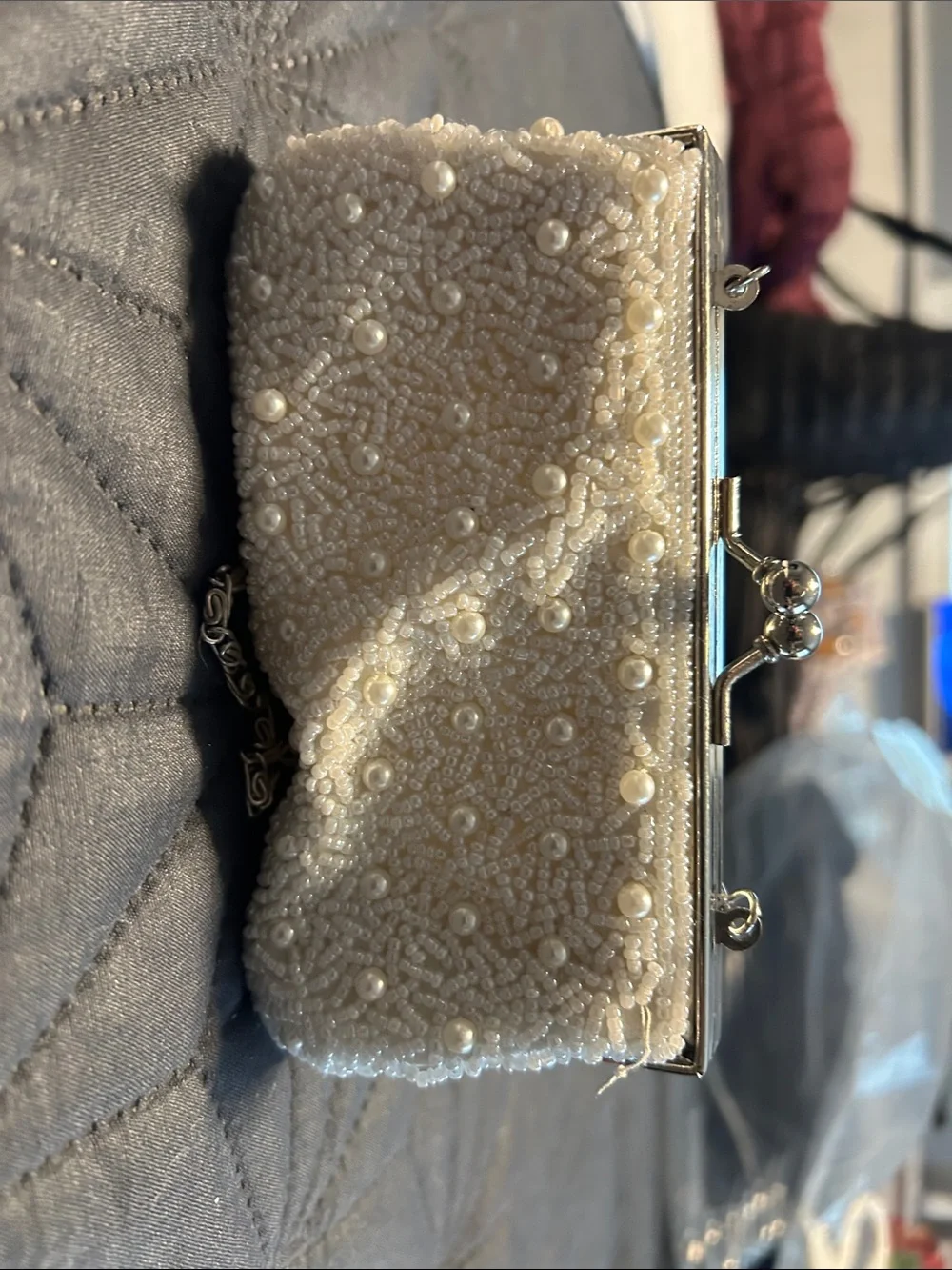 Elegant Pearl-Embellished Cream Evening Clutch